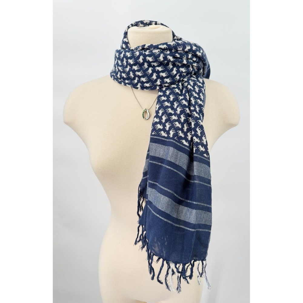Unbranded Scarf Womens OS Blue White Moose Print Striped Plaid Fringe Wrap Boho